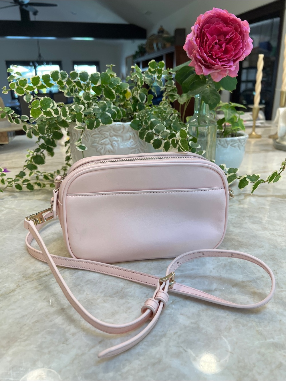 Soft pink  leather Crossbody Bag with zipper and leather strap
